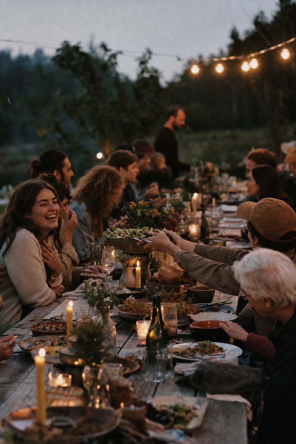 People laughing together at a long candlelit dinner table outdoors