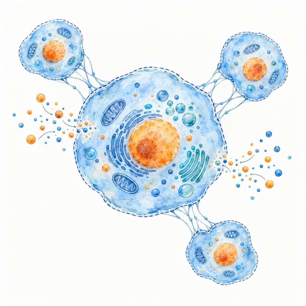 A living cell exchanging particles through its membrane, linked to three neighbouring cells.