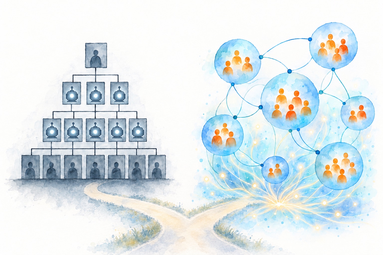 A fork in a path. Left: a pyramid with one person at the top, a middle layer of AI agents, and people at the bottom. Right: small circles of people, linked to each other, with a warm glowing network underneath.