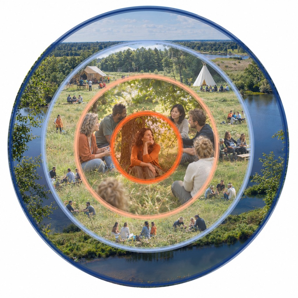Four nested circles of photographs. In the centre one woman alone in thought under a tree (Shift self); around her a small team in conversation on the grass (Shift the team); then many small groups working across a meadow with tents and a tipi (Shift the organization); on the outside the wide landscape with forest, water and sky (Shift the world).